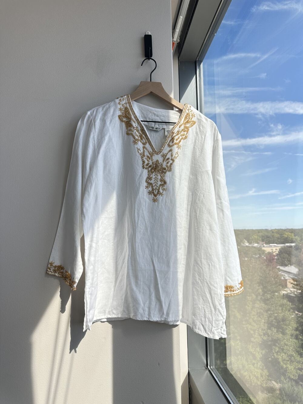 Laura Ashley 100% Linen Embroidered Headwork White Blouse Sz L